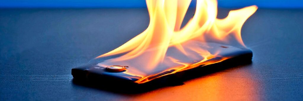Celular pegando fogo simbolizando superaquecimento, riscos tecnológicos e segurança de dispositivos.